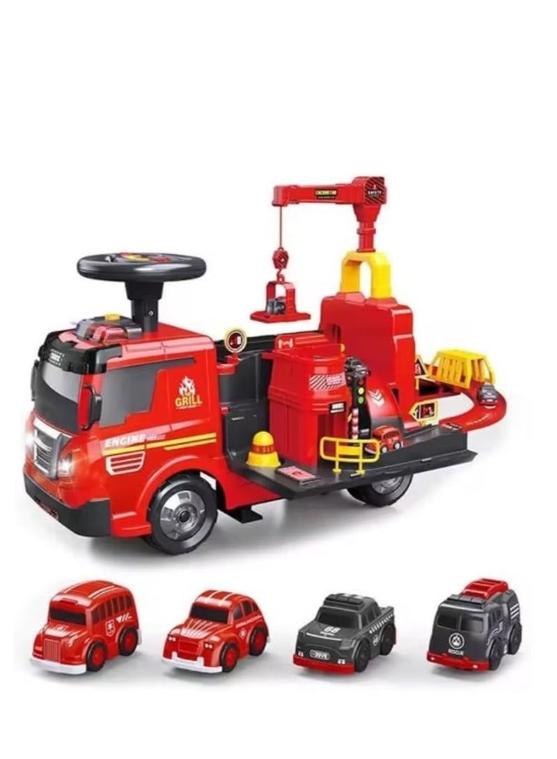 UKR 2-in-1 Ride-On Fire Truck Playset – Red | Toddler Push Car with Steering Wheel, Interactive Sounds, Crane & 4 Toy Cars | Fire Engine & Traffic Playset for Kids - Image 2